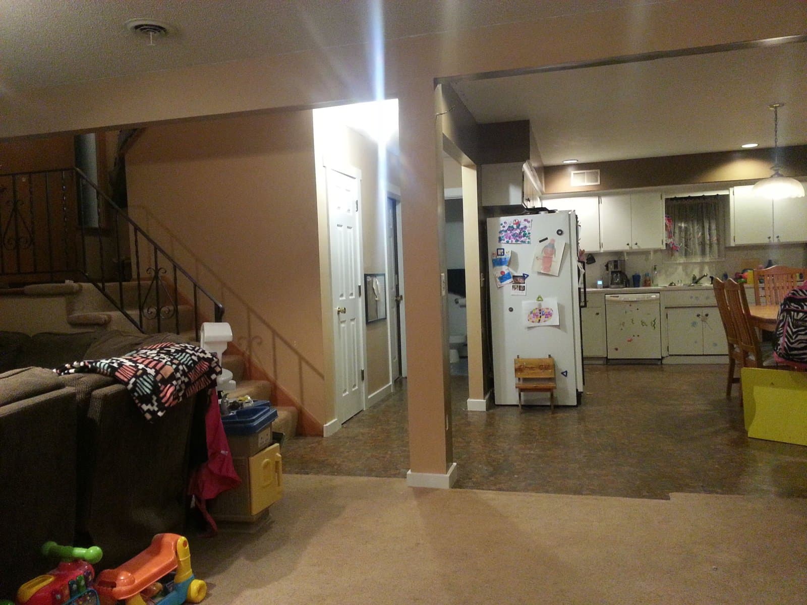 Kitchen and family room as one space, new doors and trim, November 2017
