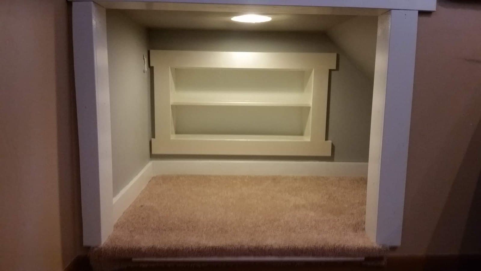 Inside: shelves, light, carpet