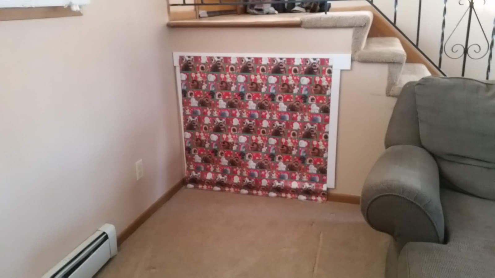 Reveal day: the finished opening behind wrapping paper, December 23