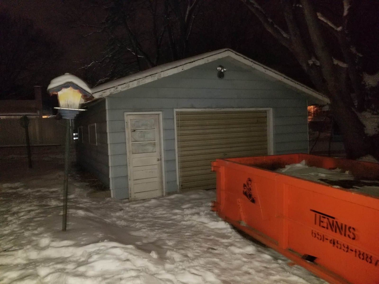 The garage, and the first dumpster, January 2020