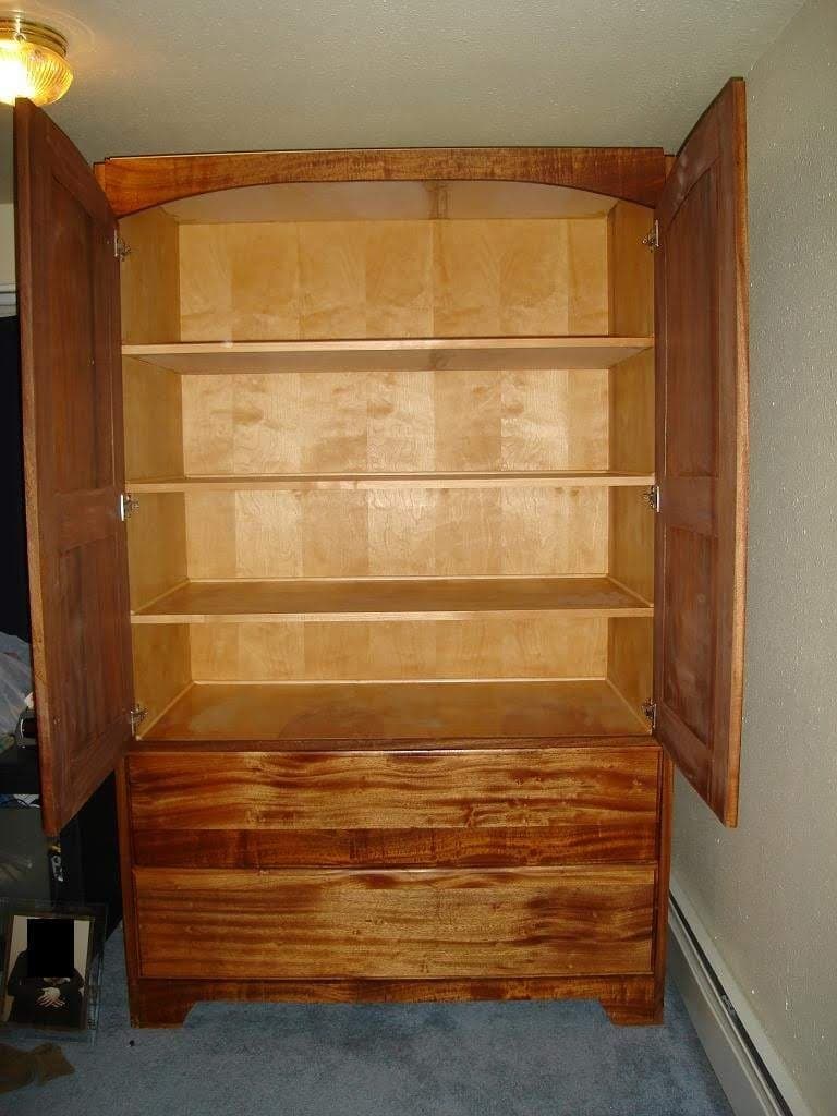 Doors open: birch interior with shelves