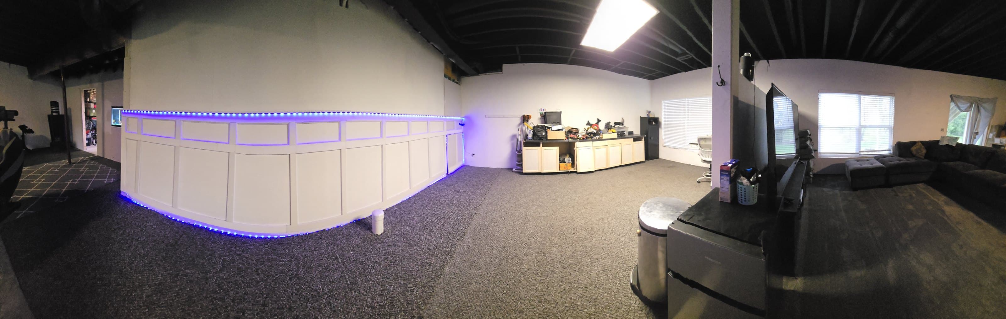 Panorama of the basement, May 2025: the closest it got to finished