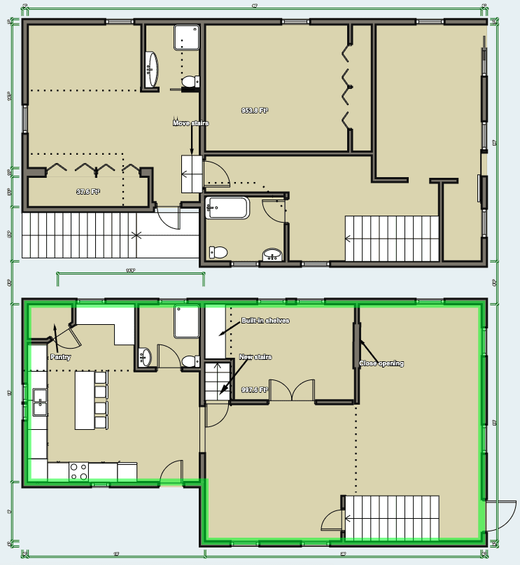 Myrtle house, proposed floor plan: new upstairs bath, moved stairs, kitchen with island and pantry, built-in shelves